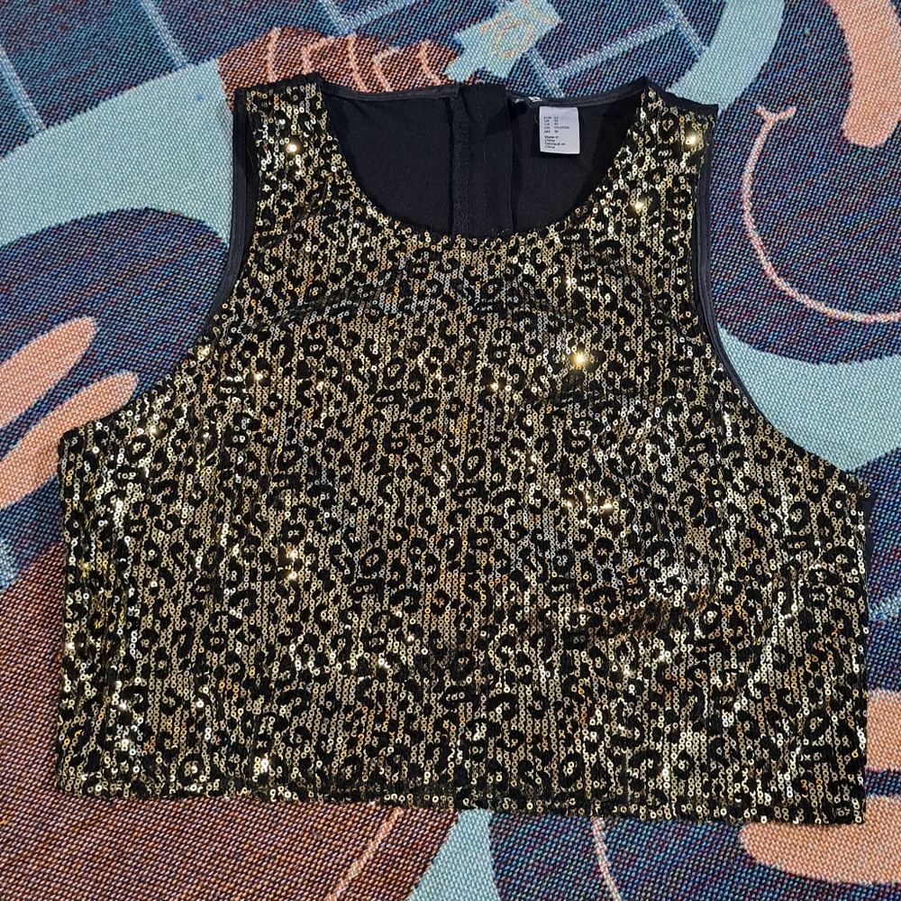 🌈GOLD SEQUIN LEOPARD PRINT CROP TOP-10